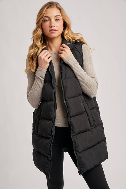 HOODED ZIPPER DOWN LONGLINE PUFFER VEST: Beige