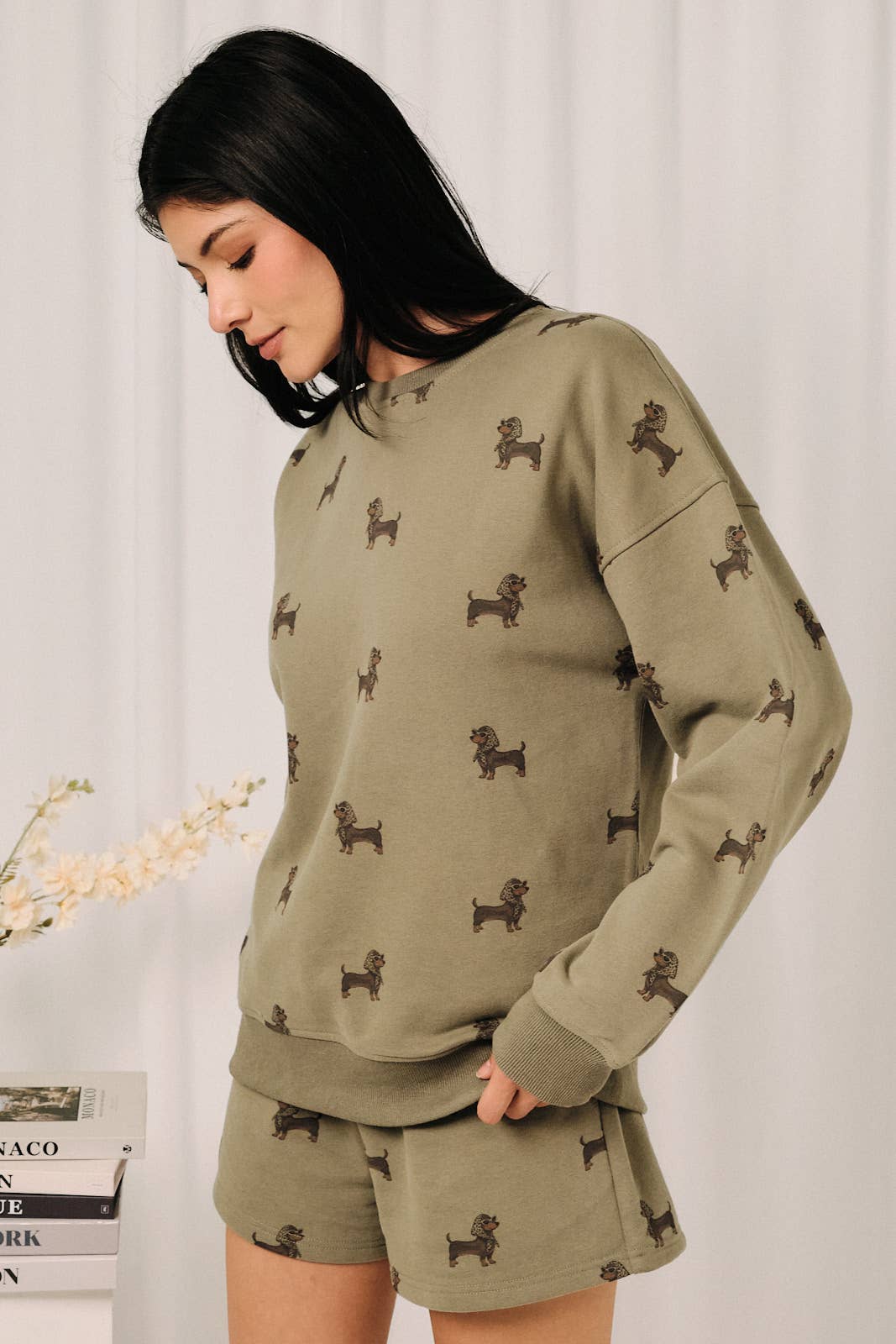 ROUND NECK LONG SLEEVE WEENIE ALL OVER PRINT SWEATSHIRT: MELANGE / S