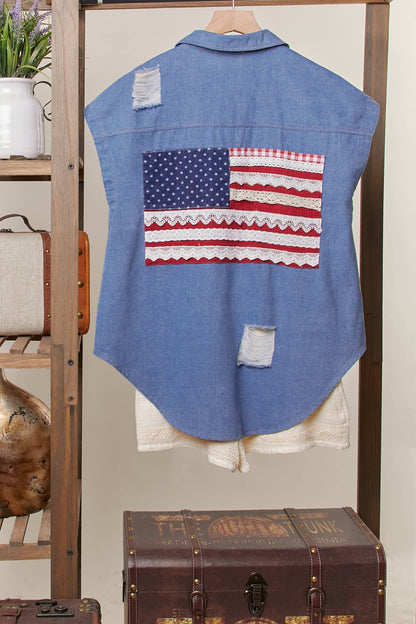 American Flag Denim Vest: Denim / S