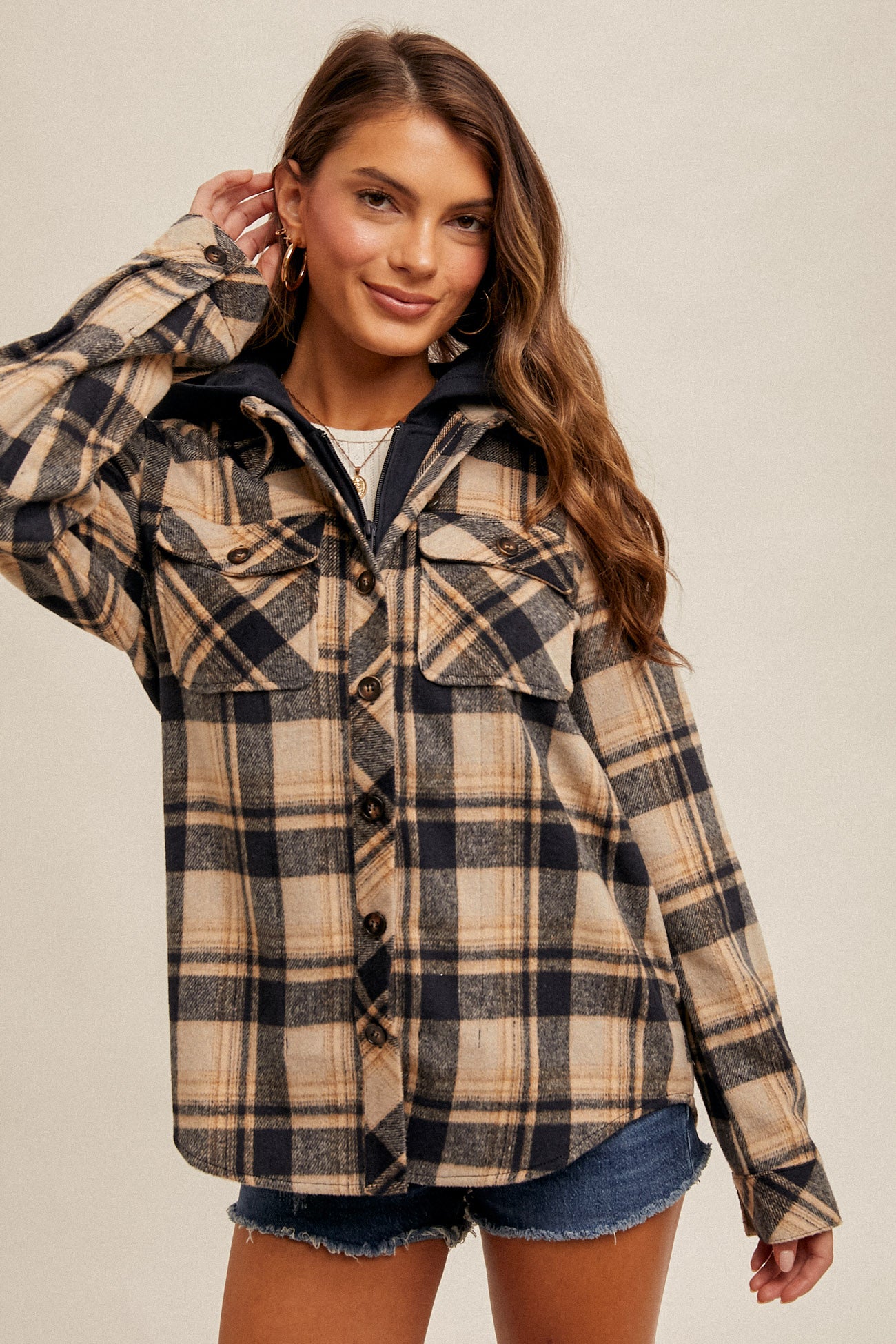 Hem & Thread Plaid Jacket with Zip Up Hoodie - Navy