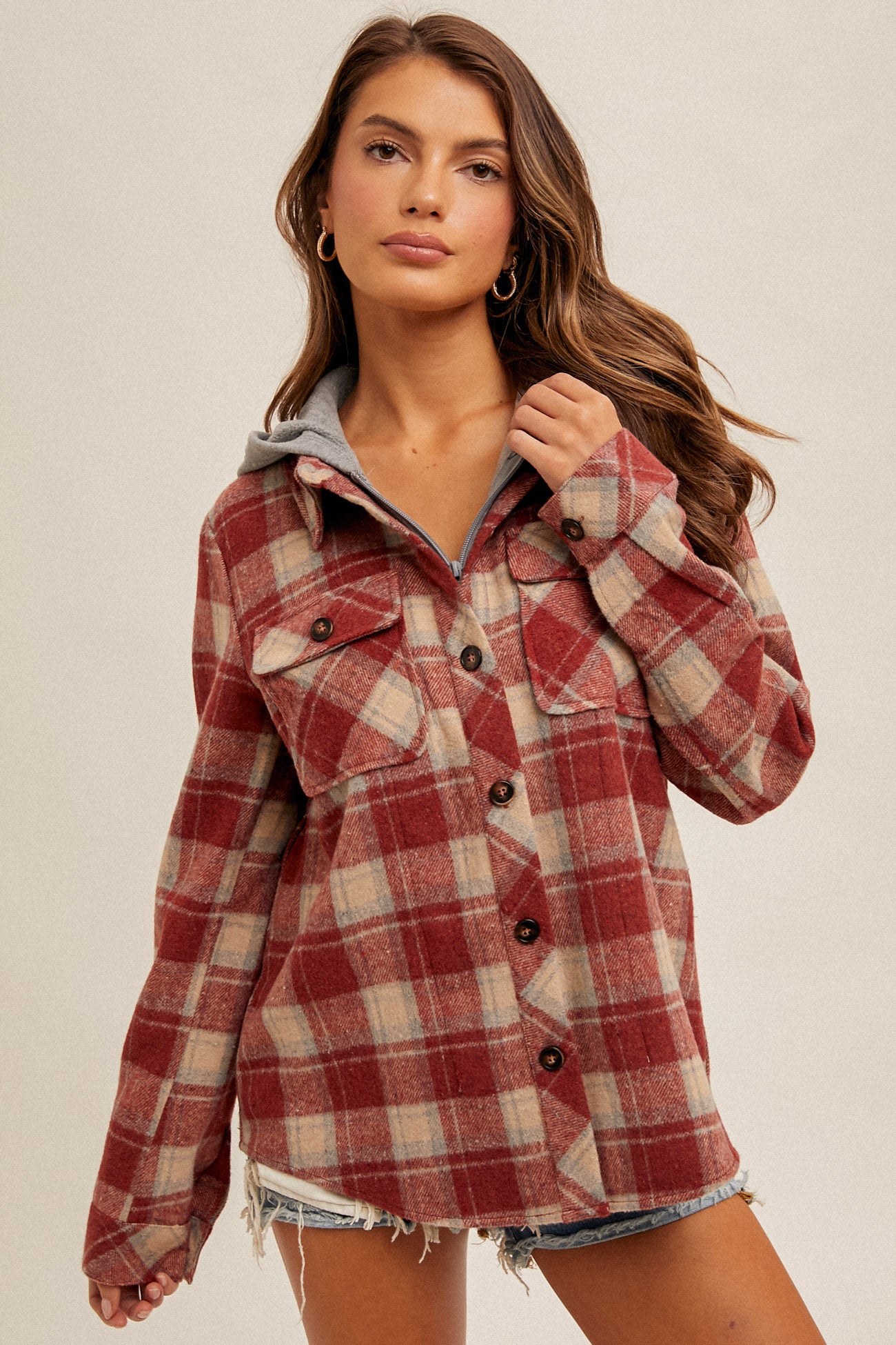 Hem & Thread Plaid Jacket with Hoodie - Red