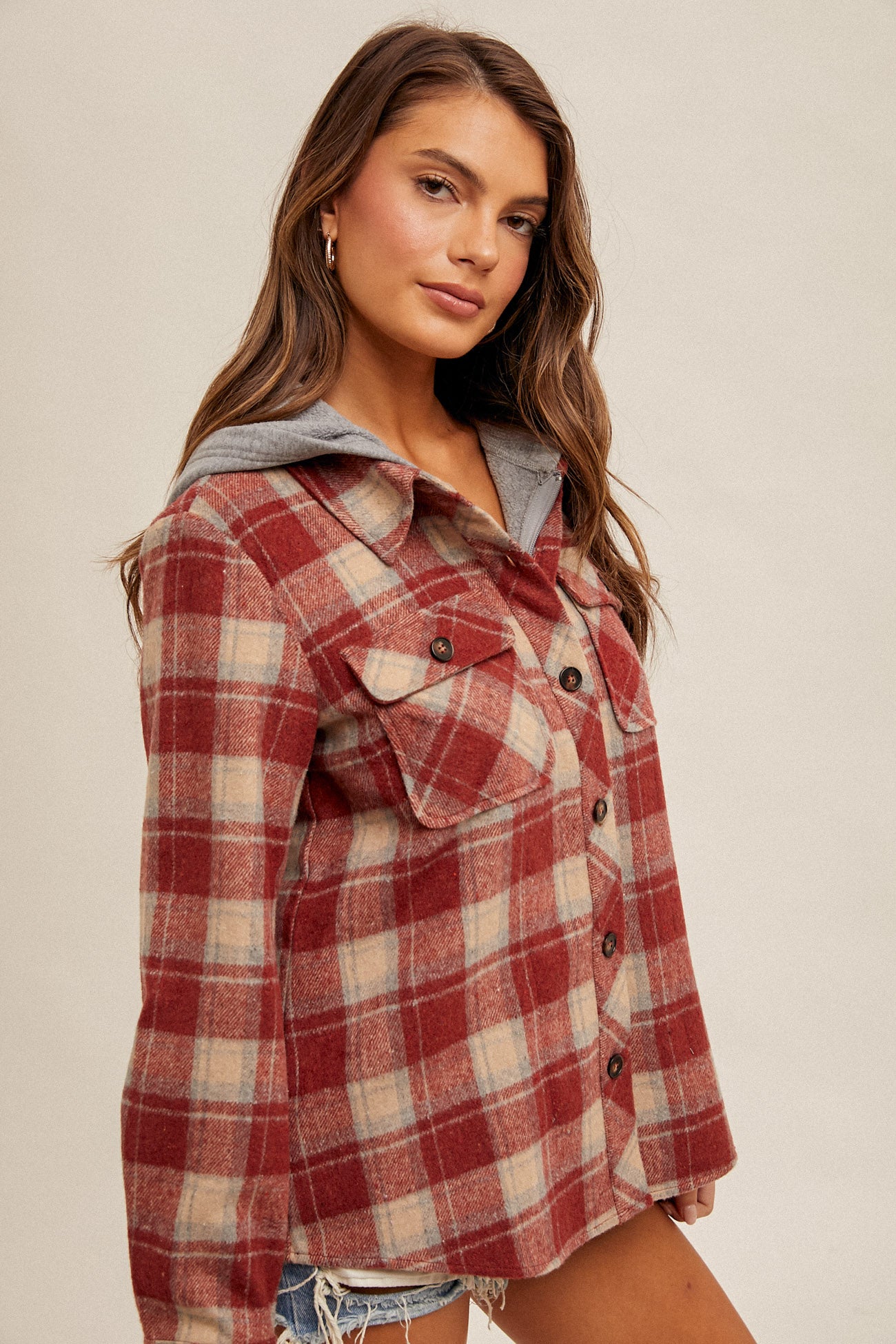 Hem & Thread Plaid Jacket with Hoodie - Red