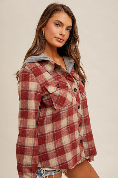 Hem & Thread Plaid Jacket with Hoodie - Red