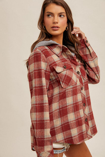 Hem & Thread Plaid Jacket with Hoodie - Red