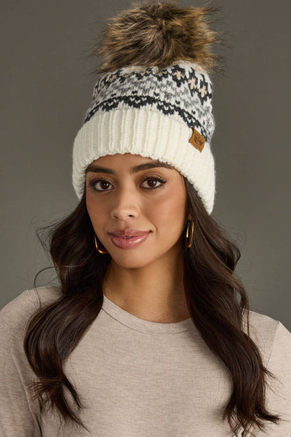 Ivory, Gray & Tan Winter Pattern Pom Hat