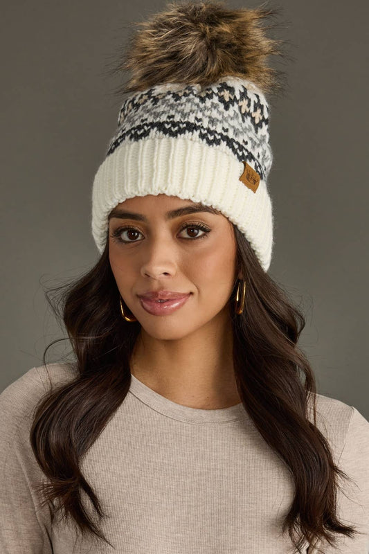 Ivory, Gray & Tan Winter Pattern Pom Hat