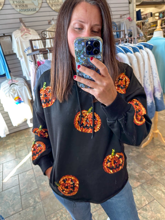 SEQUIN PUMPKIN PATCHES ALLOVER HOODIE