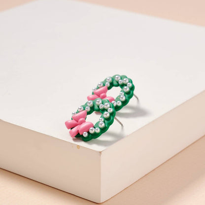 Pearl Christmas Wreath Stud Earrings | Bow Holiday Earrings: Green / One / 4BE32042