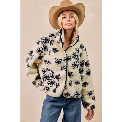 FLORAL PATTERN PIPING DETAIL FLEECE JACKET: IVORY/BLACK / S
