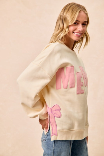 Merry Sweatshirt with Bows- Cream/Pink