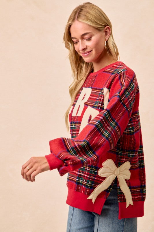 Merry Sweatshirt with Bows- Plaid