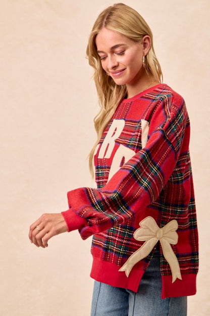 Merry Sweatshirt with Bows- Plaid
