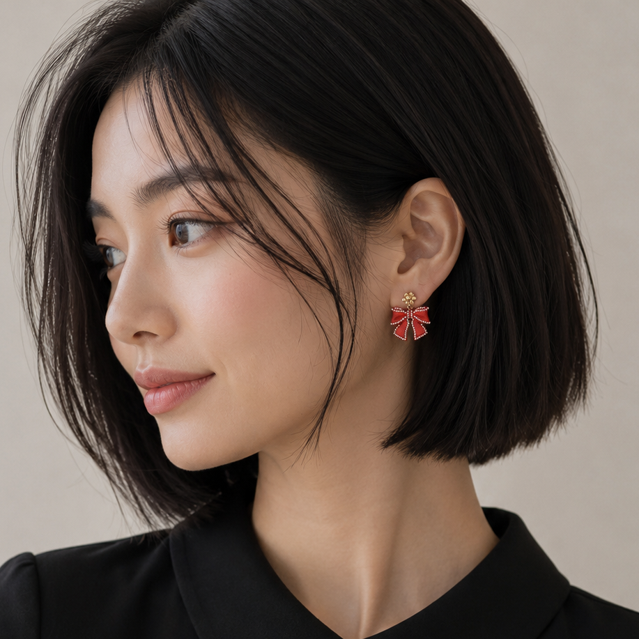 Christmas Bow Enamel | Pearl Trimmed Dangling Earrings: Red / One / 4SE31079