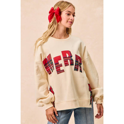 CHRISTMAS PLAID MERRY SIDE BOW PATCHES SWEATSHIRT: CREAM/RED PLAID / XL