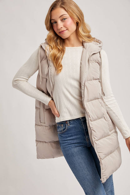 HOODED ZIPPER DOWN LONGLINE PUFFER VEST: Beige