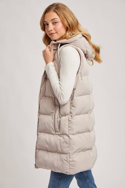 HOODED ZIPPER DOWN LONGLINE PUFFER VEST: Beige