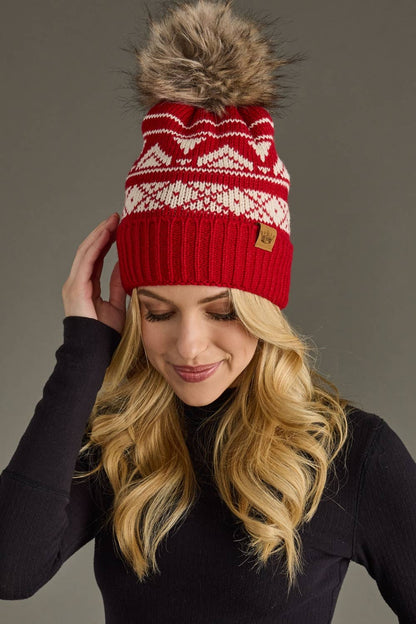 Red & Cream Patterned Pom Hat