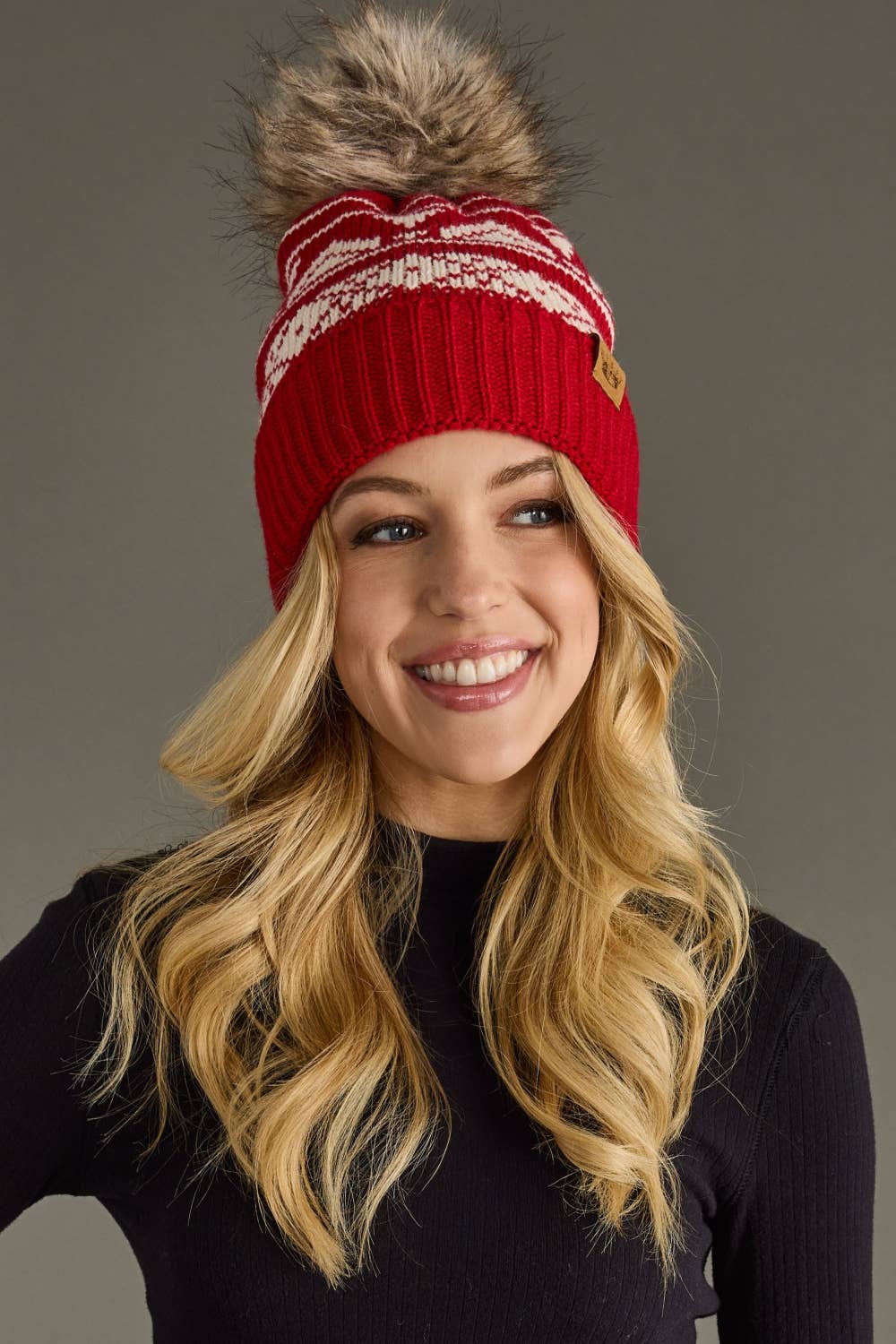 Red & Cream Patterned Pom Hat