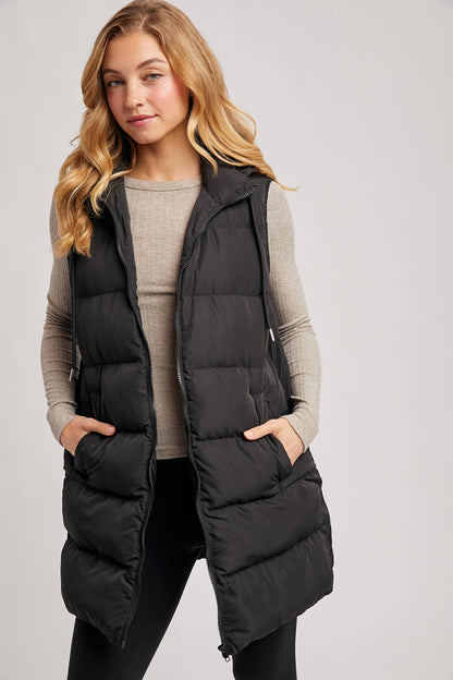 HOODED ZIPPER DOWN LONGLINE PUFFER VEST: Black