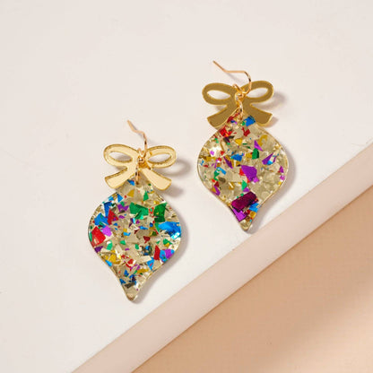 Confetti Christmas Ornament Earrings | Gold Acrylic Bow Dangles: Multi / One / 4SE31135