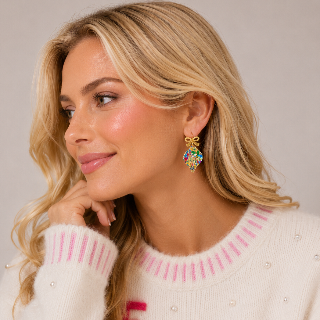 Confetti Christmas Ornament Earrings | Gold Acrylic Bow Dangles: Multi / One / 4SE31135