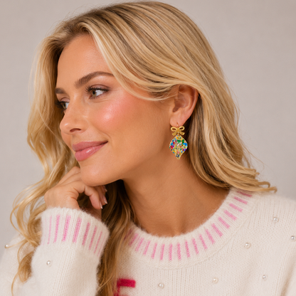 Confetti Christmas Ornament Earrings | Gold Acrylic Bow Dangles: Multi / One / 4SE31135