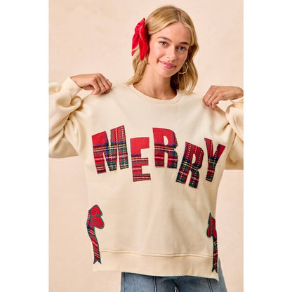 CHRISTMAS PLAID MERRY SIDE BOW PATCHES SWEATSHIRT: CREAM/RED PLAID / M