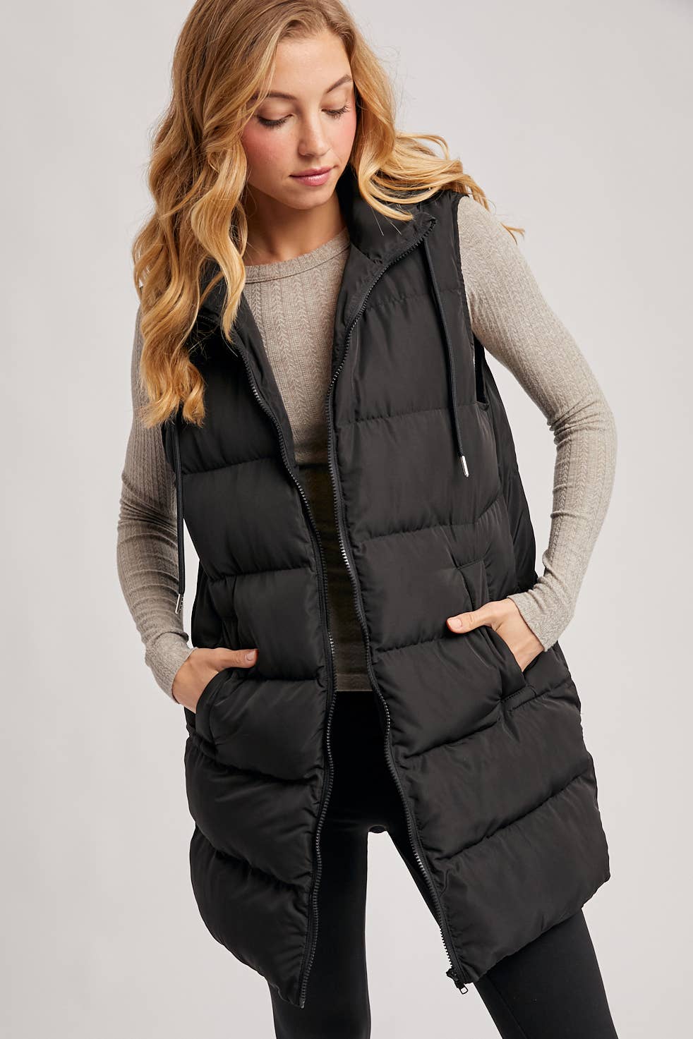 HOODED ZIPPER DOWN LONGLINE PUFFER VEST: Beige