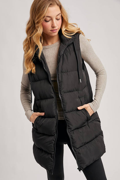 HOODED ZIPPER DOWN LONGLINE PUFFER VEST: Beige