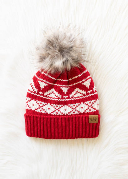 Red & Cream Patterned Pom Hat