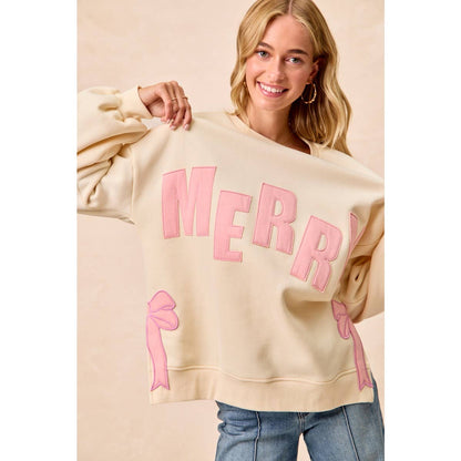 MERRY SIDE BOW PATCHES CHRISTMAS FLEECE SWEATSHIRT: RED/CREAM / L