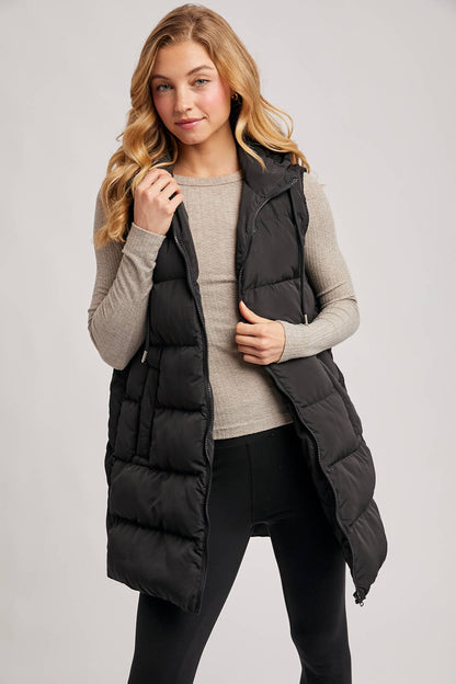 HOODED ZIPPER DOWN LONGLINE PUFFER VEST: Beige