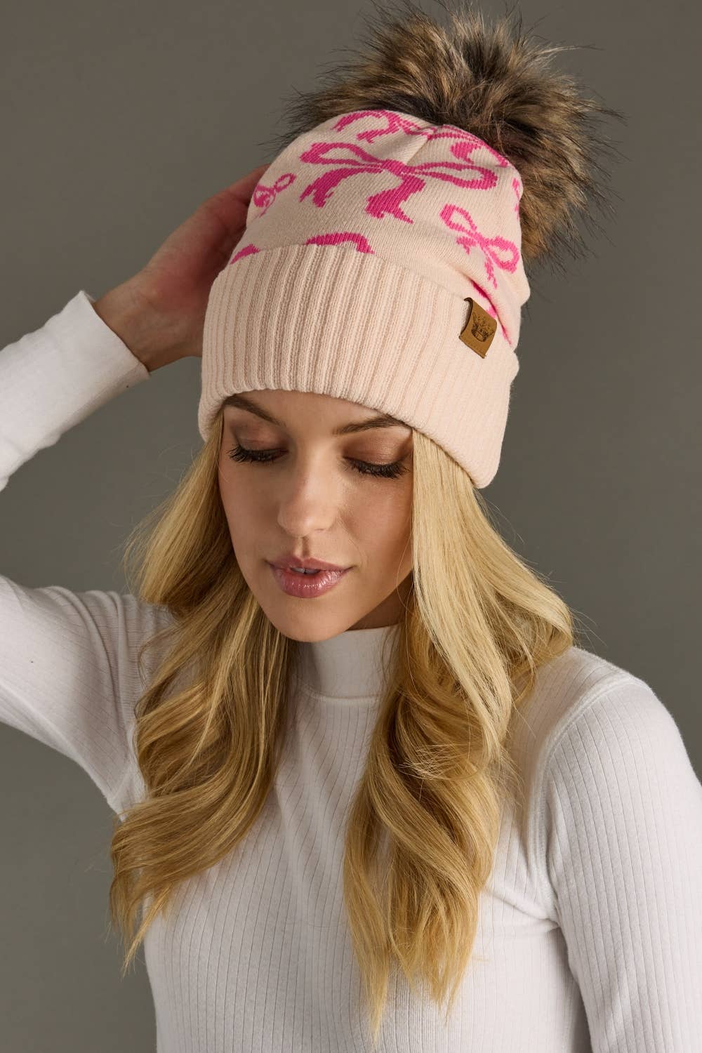 Lt. Pink & Bright Pink Bow Pom Hat