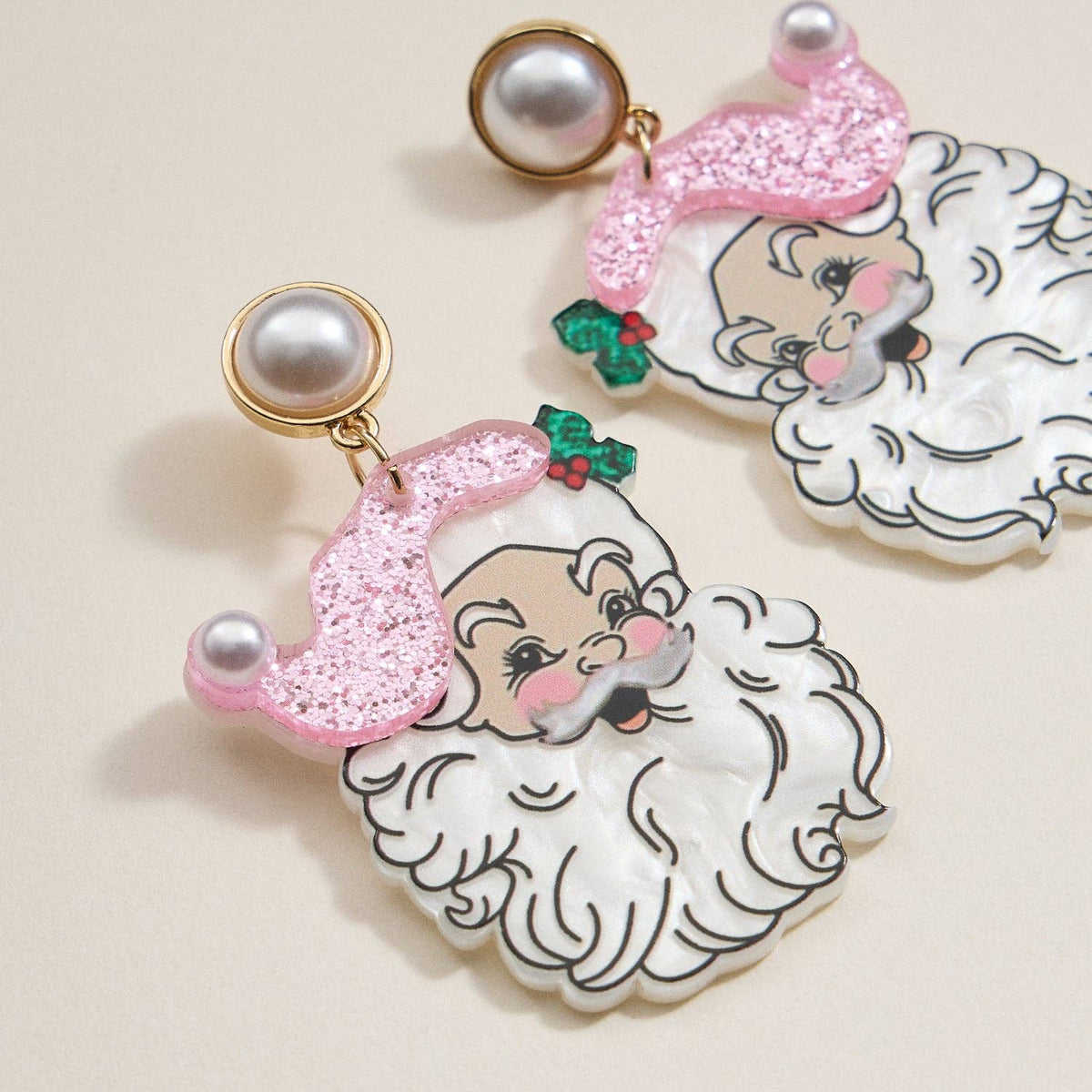 Pearl Pink Santa Face Drop Earrings | Acrylic Christmas Dangles: Pink / One / 4SE31128