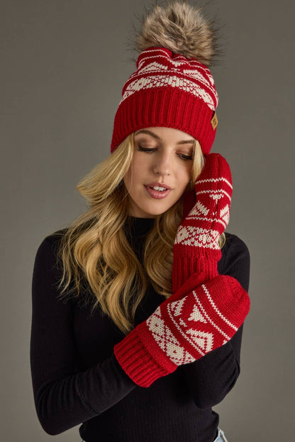 Red & Cream Patterned Pom Hat