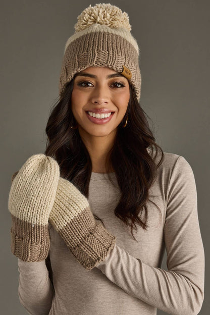 Beige & Taupe Color Block Pom Hat