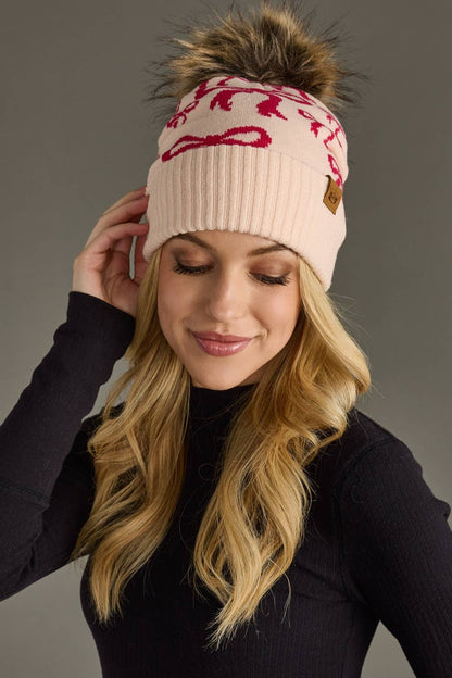 Lt. Pink & Dk. Pink Bow Pom Hat