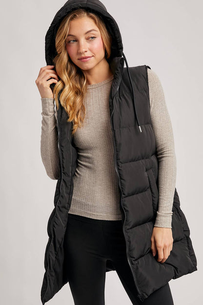 HOODED ZIPPER DOWN LONGLINE PUFFER VEST: Black
