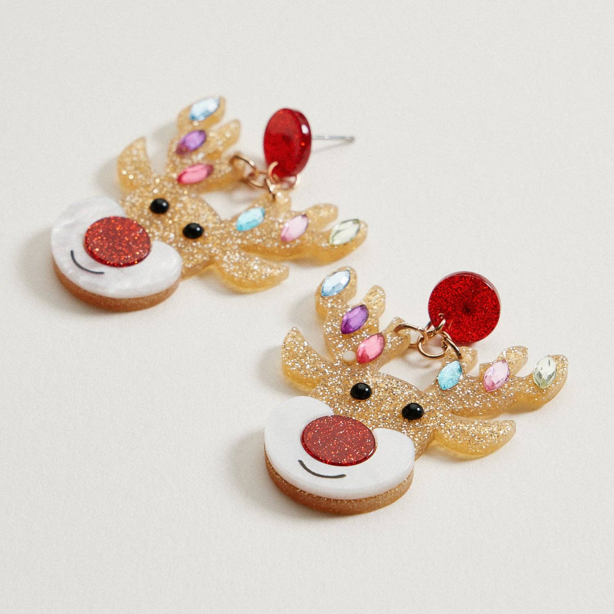 Glitter Rudolph Reindeer Earrings | Rhinestone Christmas Dangles: Multi / One / 4SE31141