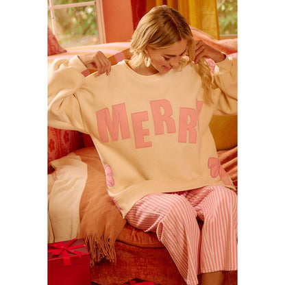 MERRY SIDE BOW PATCHES CHRISTMAS FLEECE SWEATSHIRT: RED/PINK / S
