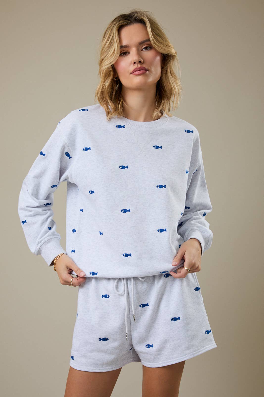Fish Embroidered Sweatshirt and Short Set