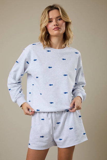 Fish Embroidered Sweatshirt and Short Set