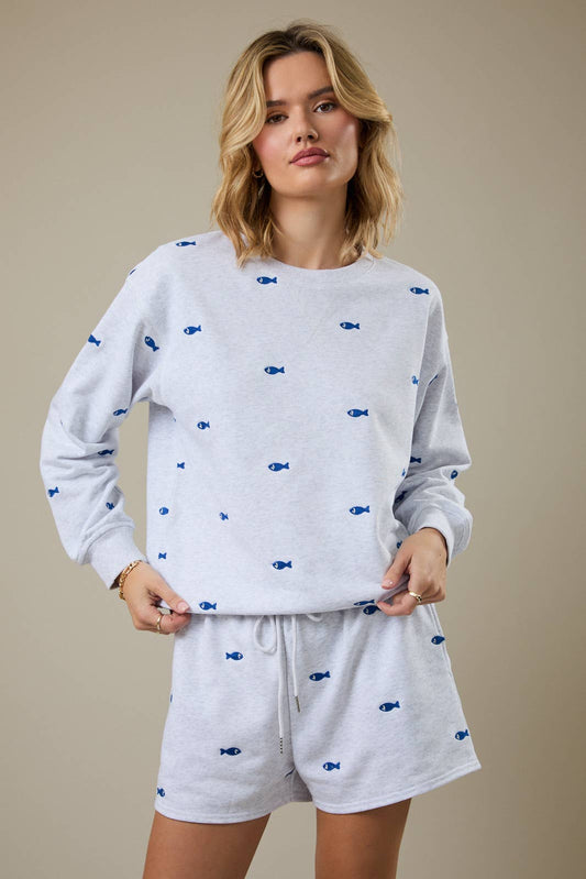Fish Embroidered Sweatshirt and Short Set