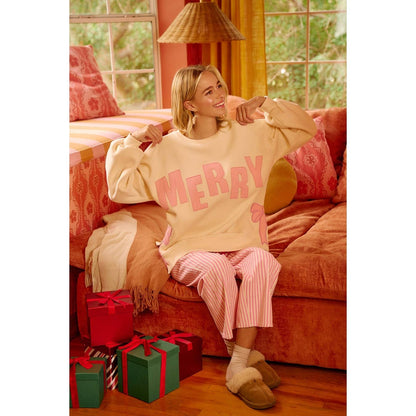 MERRY SIDE BOW PATCHES CHRISTMAS FLEECE SWEATSHIRT: CREAM/RED / L