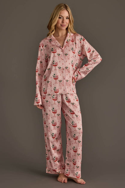 Lt. Pink Christmas Cocktails Satin Pajama Set