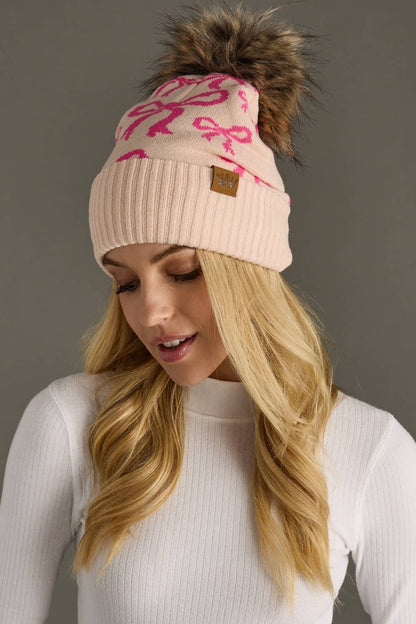 Lt. Pink & Bright Pink Bow Pom Hat