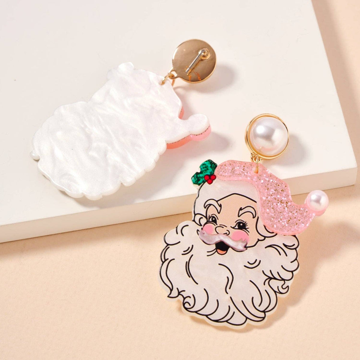 Pearl Pink Santa Face Drop Earrings | Acrylic Christmas Dangles: Pink / One / 4SE31128