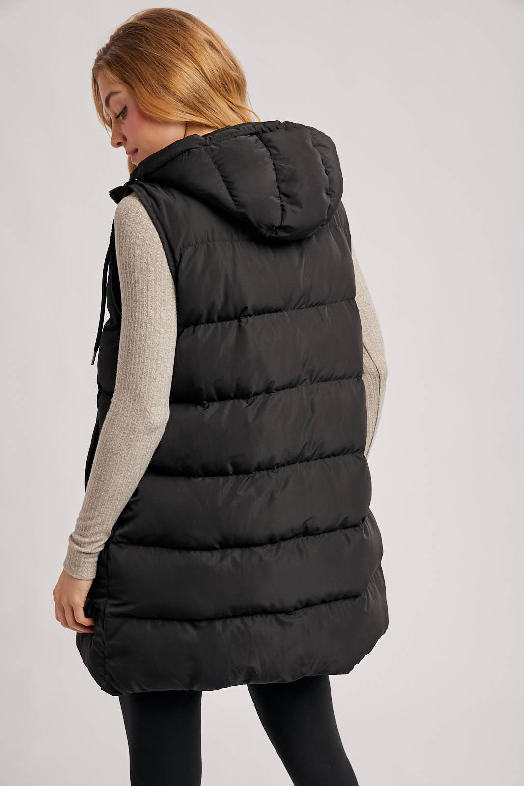 HOODED ZIPPER DOWN LONGLINE PUFFER VEST: Beige