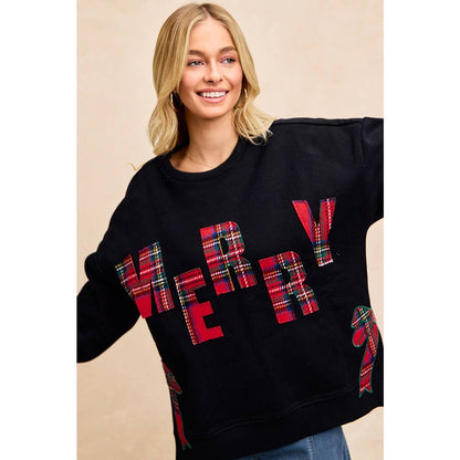 CHRISTMAS PLAID MERRY SIDE BOW PATCHES SWEATSHIRT: CREAM/RED PLAID / M