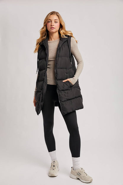 HOODED ZIPPER DOWN LONGLINE PUFFER VEST: Beige